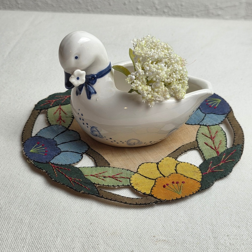 Vintage Enesco Hand Painted Ceramic Duck Dish White Blue Ribbon Accents Flower